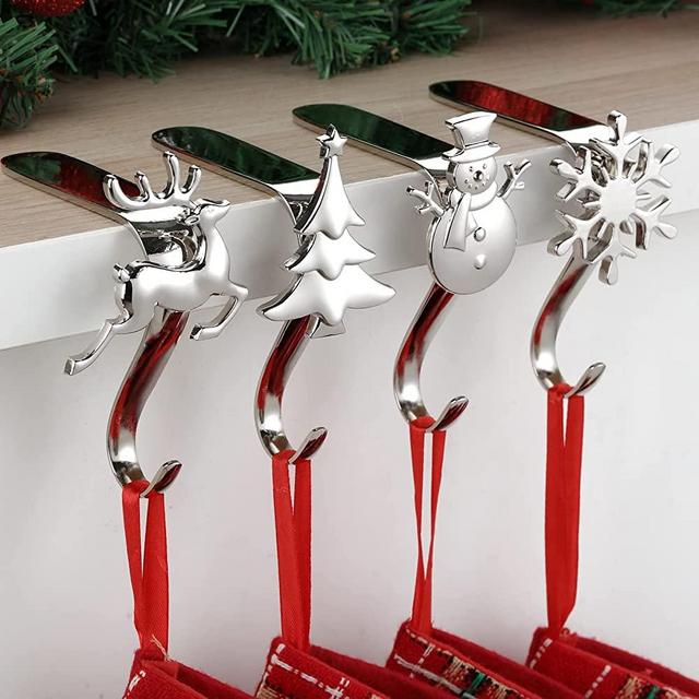 CeleCily Stocking Holders for Mantle-Christmas Stocking Hangers for Decoration, Silver Stocking Holders for Mantle Set 4, NO-SLIP Stocking Holders for Mantel Stocking Hooks for Mantle Stocking Hangers
