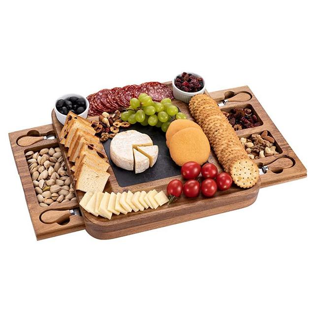 HBlife Acacia Cheese Board & Knife Set Charcuterie Board Cheese Platter with Slide-Out Drawer for Wine, Cheese, Meat , House Warming Gift Perfect Choice for Christmas Wedding (Square)