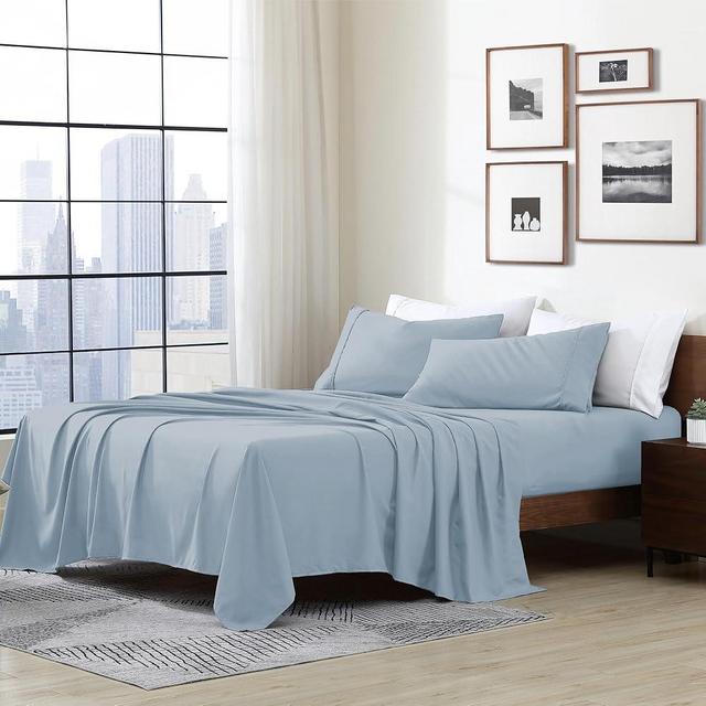 Cathay Home Essentials Ultra Soft Hypoallergenic Wrinkle Resistant Double Brushed Microfiber Bedding Sheet Set, Blue Fog, Queen