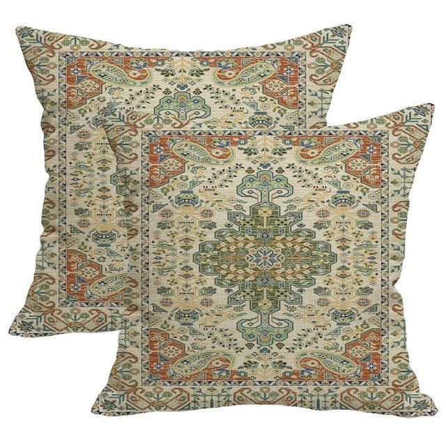 SHAPTOY Boho Throw Pillow Covers 18x18 Set of 2,Sage Green Orange Ethnic Boho Outdoor Pillows Cover Spring Fall Western Bohemian Linen Decorative Pillowcase for Couch Living Room Bed Decor
