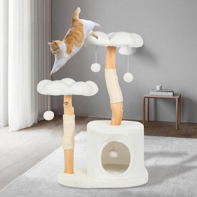 Yungaspy Cute Cat Tree Tower for Indoor Cats Adult, Wood Flower Cat Trees with 6 Pompoms, Modern Cat Tree Tower with Scratching Post, Aesthetic Luxury Cat Condo for Cats Kitten, Alpine White