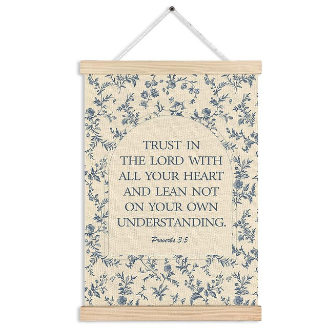 MKIJUHB Vintage Blue Floral Christian Scripture Wall Art Decor, Trust in the Lord with All Your Heart Bible Verses Framed Hanging Canvas Prints for Home Church Prayer Room Wall Decorations, 12x16 Inch
