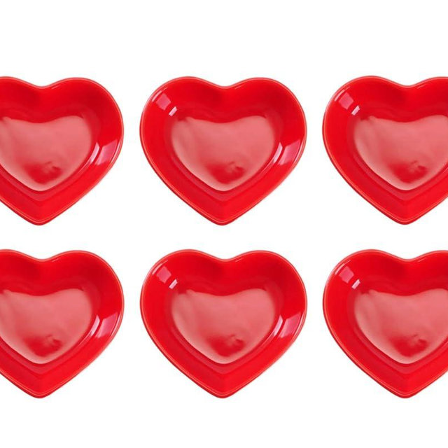 WHJY Red Love Heart Shaped Ceramic Side Dish Bowl, Contemporary Porcelain Side Dishes Bowl, Seasoning Dishes Soy Dipping Sauce Dishes for Wedding Birthday Party- Set of 6