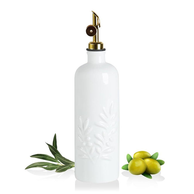 Sweejar Olive Oil Dispenser Bottle for Kitchen, 18 Oz Ceramic EVOO and Vinegar Dispenser with Spout, Relief Opaque Oil Container for Avocado, Leak Proof, Easy to Pour, Pack of 1 (White, Gold Pourer)