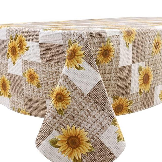 LIBERECOO Vinyl Tablecloth Flannel Backed Stain-Resistant PVC Table Cloth Waterproof Oil-Proof Wipeable Indoor/Outdoor Picnic, BBQ and Dining Table Cover (60 x 60 Inch Square, Sunflower)