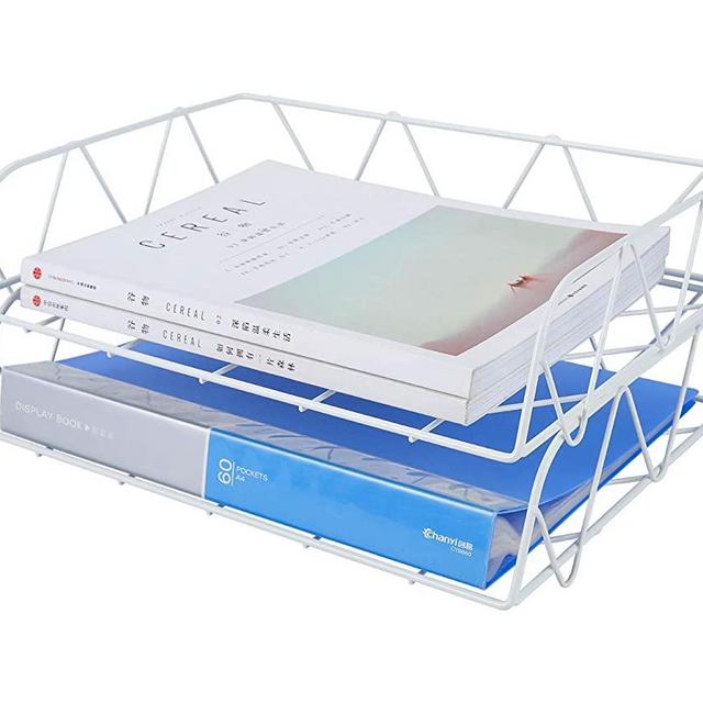 PAG 2 Packs Desktop File Organizer Metal Stackable Horizontal Letter Tray Paper Holder Rack, White
