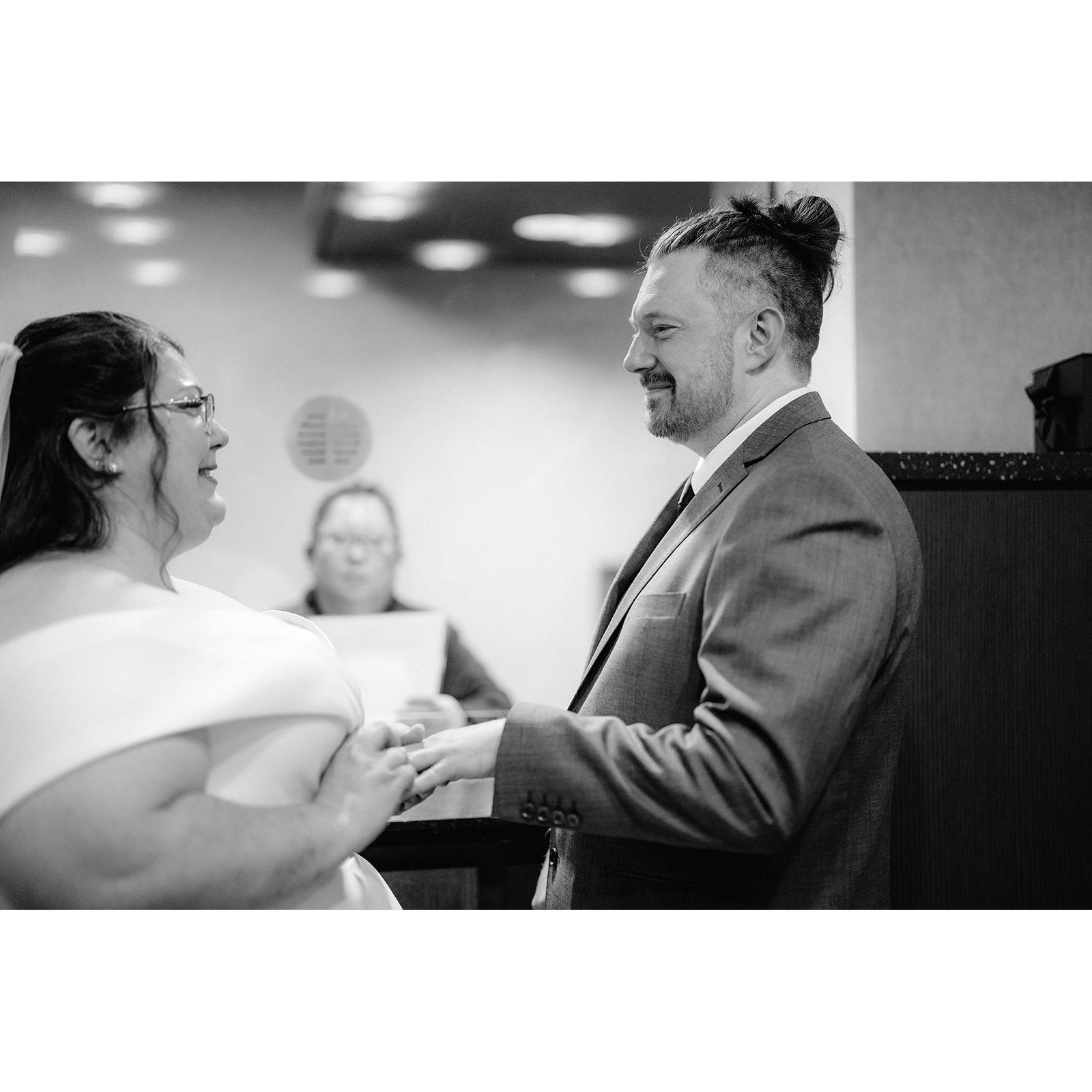 We had planned to be married before a judge, but there were no judges available on our scheduled date! Instead, we were married at the Mineapolis Government Center (aka, the DMV!)