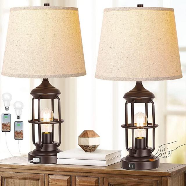 Table Lamp Set of 2 with USB Ports, Touch Control 3-Way Dimmable Bedside Lamp with 2 LED Night Light, Farmhouse Rustic Nightstand Lamp for Living Room Bedroom Decor (2700K Bulbs Included)