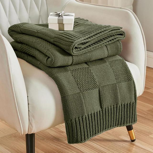 CozeCube Knit Throw Blanket,Olive Green Checkered Throw Blanket for Couch,Soft Cozy Warm Knitted Throw Blanket for Bed Sofa Living Room,Decorative Fall Throw Blanket 50"X60",Olive Green