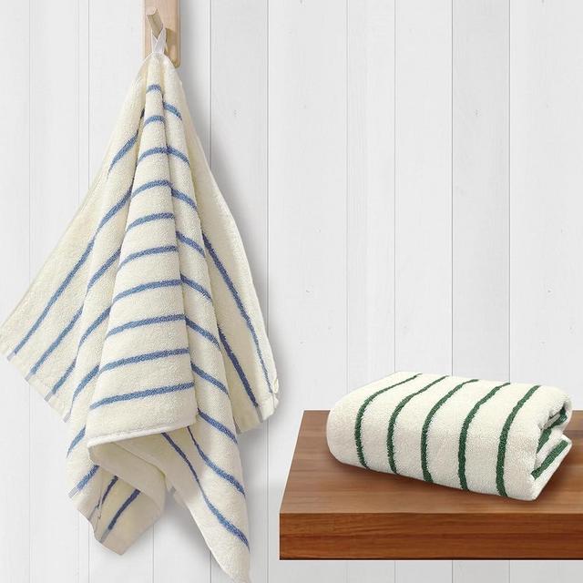 VOOVA & MOVAS Stripe Hand Towels with Hanging Loop, 2-Pack (13x28 Inch) – Medium Weight 420GSM, Ultra Absorbent & Soft Face Towels for Daily Use,Bathroom & Kitchen Use, Blue & Green