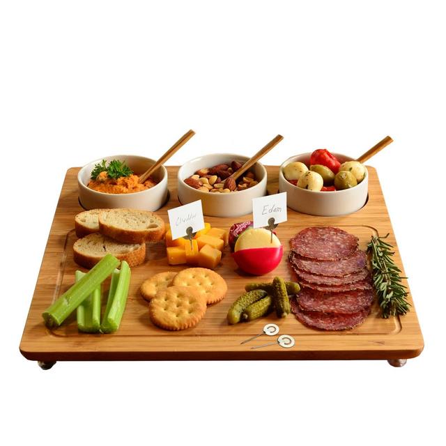 Picnic at Ascot Bamboo Cheese Board/Charcuterie Platter w/Bowls & Bamboo Spoons & Cheese Markers - 13" x 13"