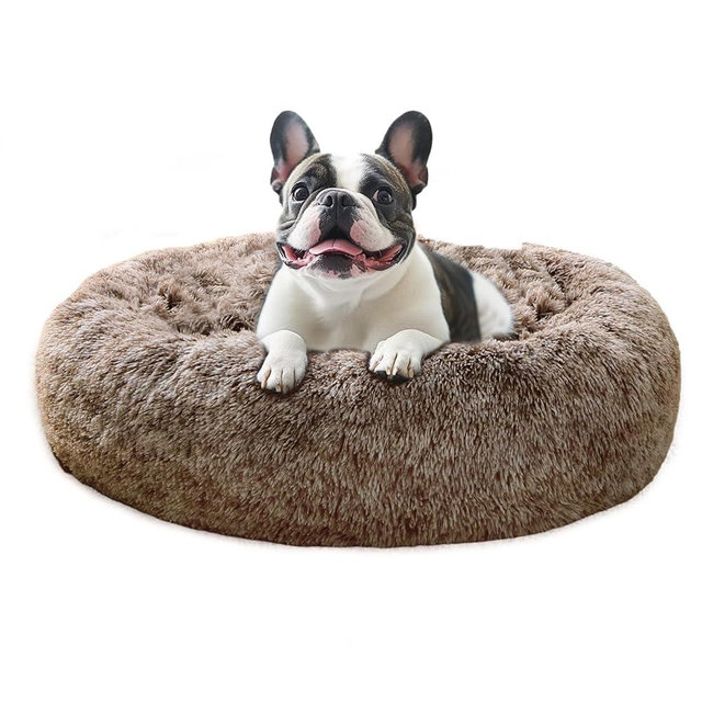 JOLLYVOGUE Calming Dog Bed Medium Size Dog, 31in Donut Washable Medium Pet Bed, Anti-Slip & Anti-Anxiety Fluffy Faux Fur Round Dogs Bed, Fits up to 45 lbs Pets (Smoke Brown)