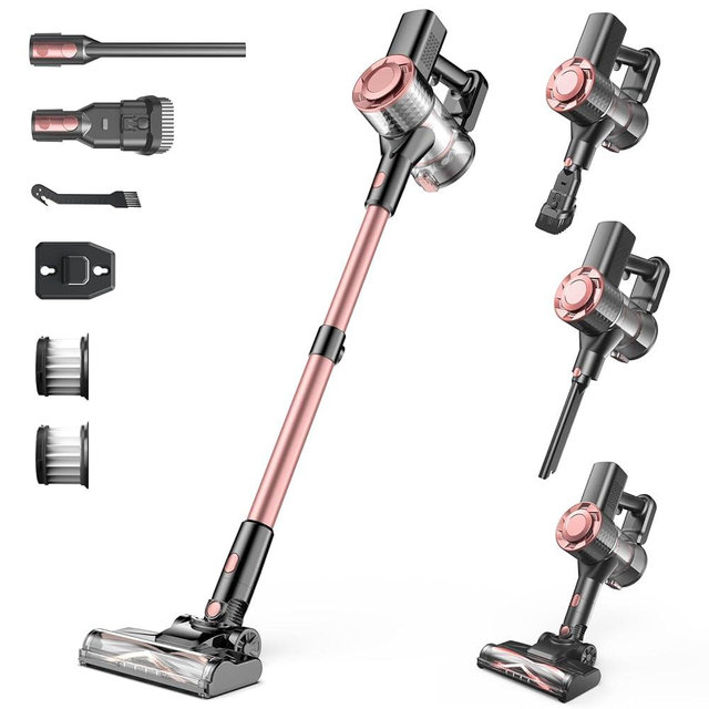 Cordless Vacuum Cleaner, Powerful Lightweight Stick Vacuum with Self-Standing, Anti-Tangle, 8-in-1 Rechargeable Vacuum Cleaners for Home, Hardwood Floors, Carpet, Pet Hair (Pink)