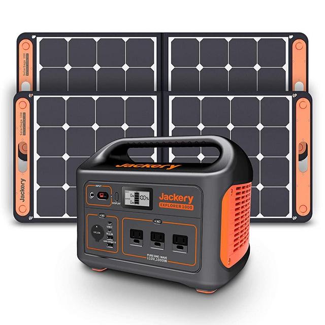Jackery Solar Generator 1000, Explorer 1000 and 2X SolarSaga 100W with 3x110V/1000W AC Outlets, Solar Mobile Lithium Battery Pack for Outdoor RV/Van Camping, Emergency