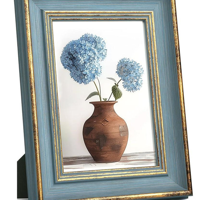 Afuly 5x7 Vintage Picture Frame Elegant Retro Picture Frame Blue Gold Photo Frame Wall Hang Desktop Summer Home Decor Wedding Birthday Gifts for Grandma Mom Women
