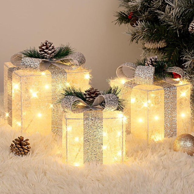 Towponics Set of 3 Christmas Lighted Gift Boxes with Plug, Indoor Outdoor Christmas Decorations with 60 LED Warm White Mini String Lights, Present Boxes with Silver Tinsel for Xmas Tree Porch Decor