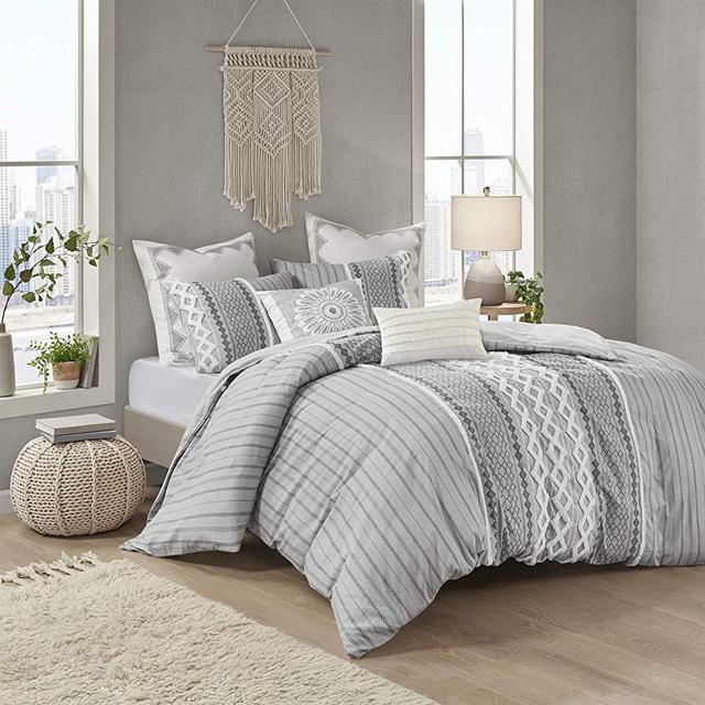 INK+IVY 100% Cotton Duvet Mid Century Modern Design, All Season Comforter Cover Bedding Set, Matching Shams, King/Cal King(104"x92"), Imani, Gray Chenille Tufted Accent 3 Piece