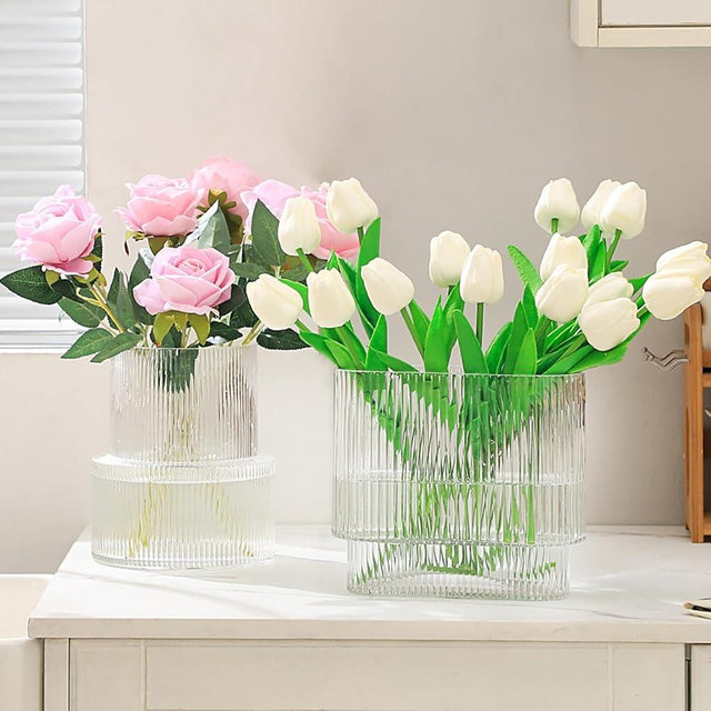 YANWE1 Ribbed Glass Vases, Set of 2 Fluted Vases for Flowers, Clear Vase for Tulips, Modern Glass Vase for Living Room, Dining Table, Office, Entryway, Mantle, Bookshelf, Wedding Gifts