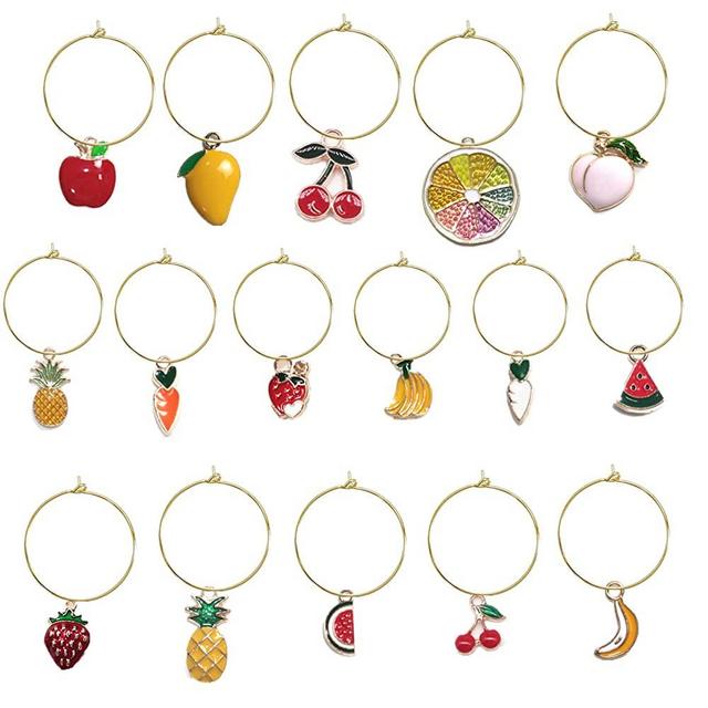 Wine Glass Charms Markers Tags Identification, Wine Charms for Stem Glasses, Wine Bachelorette Tasting Party, Fruit Themed Charms Set of 16