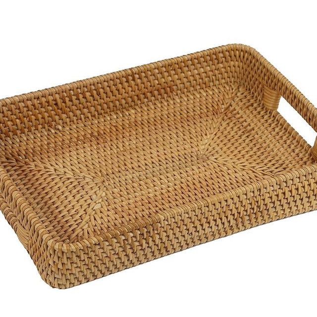 Rattan Serving Tray, Rectangle Coffee Table Tray with Handles, Decorative Ottoman Tea Tray Wicker Basket for Coffee, Bread, Fruits, Snacks, Breakfast, Drinks, Table Decor