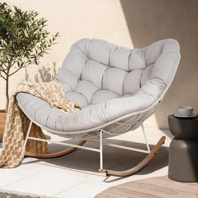 Grand patio Outdoor Rocking Chair, Oversized Papasan Rocking Chair with Thick Cushion, Indoor Outdoor Cozy Rocker for Balcony, Living Room, Patio, Beige
