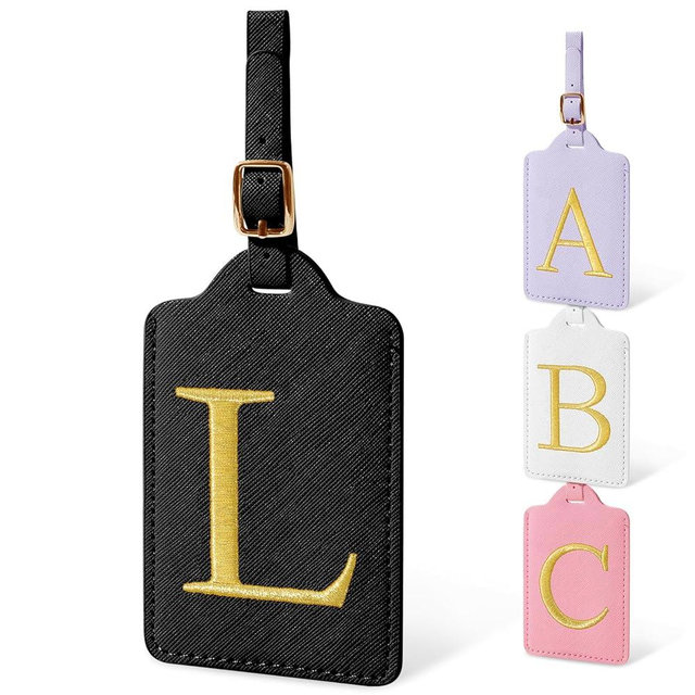 Personalized Initial Luggage Tags for Suitcases, Cute PU Leather Embroidered Letter Travel Luggage Tags, Suitcase Identifier Name Baggage Tag, Bag Tags for Men Women Kids Luggage Handbags(Black L)