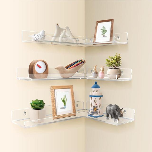 LadyRosian Clear Acrylic Floating Corner Shelves Wall Mounted 5MM Thick Bookshelf Invisible Collection Display Storage Floating Wall Ledge Shelf for Room, Kitchen, Office (3 Pack)