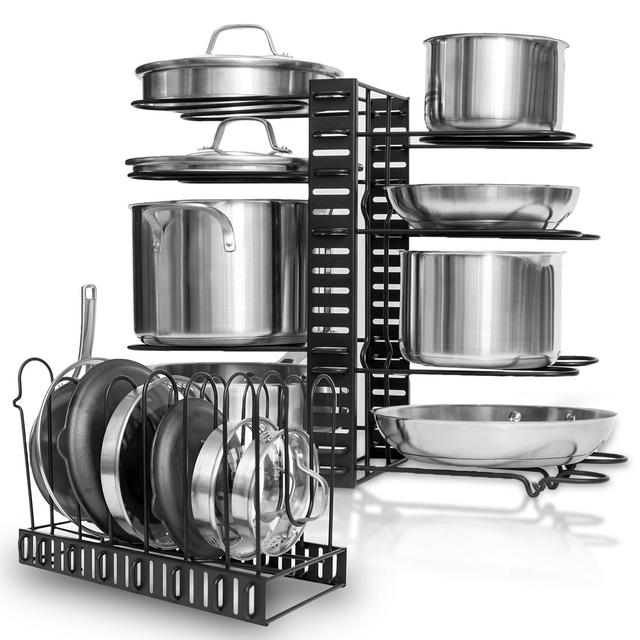 GeekDigg Pot Rack Organizer For Cabinet or Countertop, 3 DIY Methods, Height and Position are Adjustable 8+ Pots Lid Holder, Black Metal Kitchen Pantry Cookware Organizer (Upgraded Version)