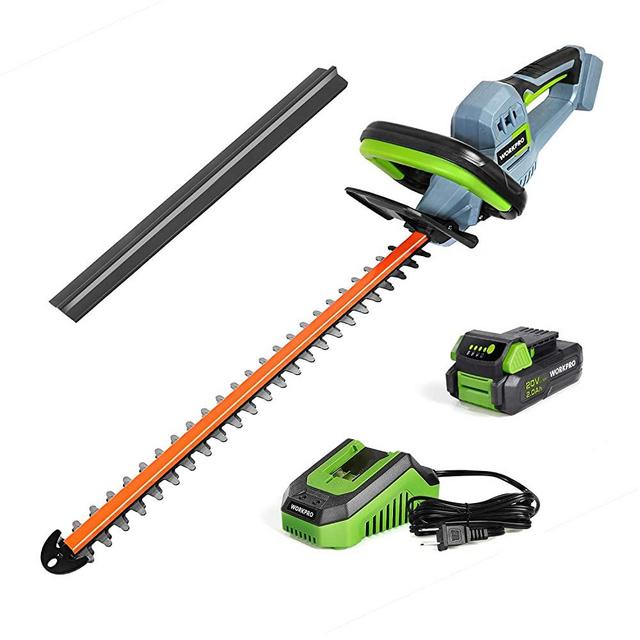 WORKPRO 20V Cordless Hedge Trimmer, 20" Dual Action Blades Electric Gardening Tool, 2.0Ah Battery and 1 Hour Quick Charger Included