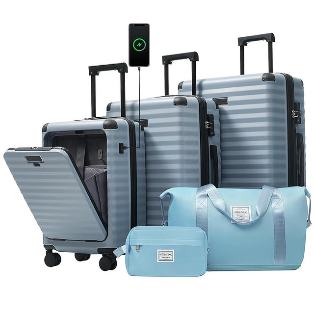 Merax Luggage Sets Front Opening, 3 Piece Hardshell Suitcase with Spinner Wheels and Bags,Lightweight Carry on Luggage with USB Port and Cup Holder,20+24+28,Sky Blue