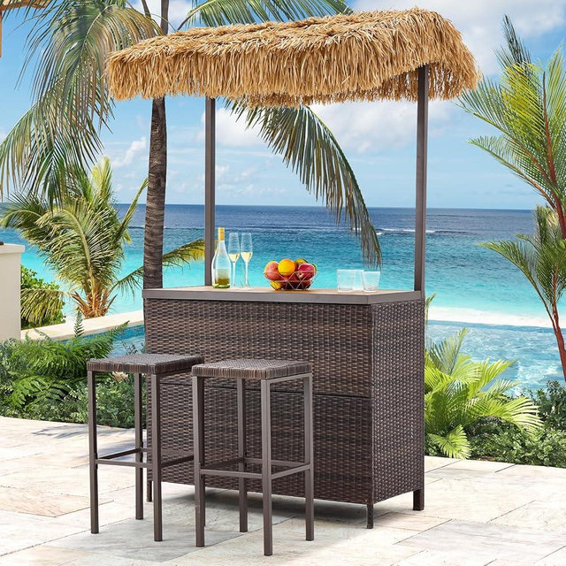 HOMREST Outdoor Tiki Bar Set, 3 Pieces Wicker Patio Bar Set w/2 Height Stools, Storage Shelf, Canopy, Plastic Wood Tabletop for Backyard Poolside Garden, Brown