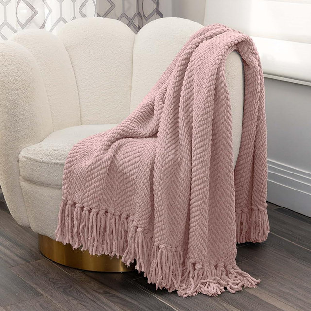 Nicole Miller Chloe Textured Soft Knit Throw Blanket with Tassels – for Home, Couch, Bed, Living Room - 50" x 60” (Rose)