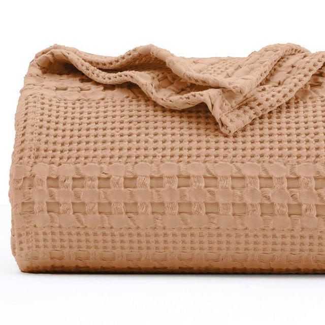 PHF 100% Cotton Waffle Weave Blanket Queen Size - Washed Soft Lightweight Blanket for All Season - Breathable and Skin-Friendly Blanket for Couch Bed Sofa 90"x90" - Camel