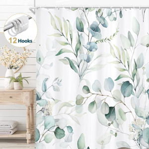 Dznils Eucalyptus Shower Curtain, Watercolor Floral Pattern with 12 Hooks, 72" x 72"