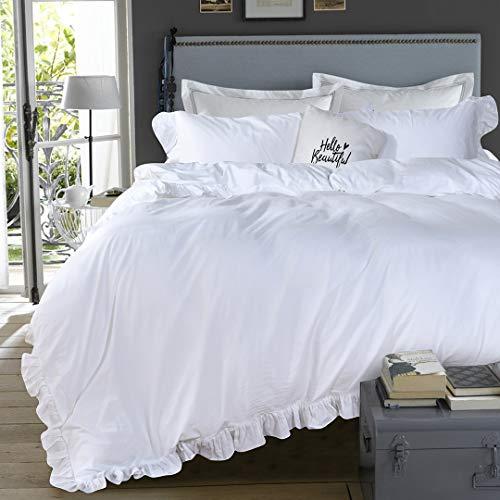 Queen's House 3 Pieces Duvet Cover Set Washed Cotton White Ruffled Duvet Quilt Cover with Zipper Bedding Set Queen Size-Shabby Ruffle,White