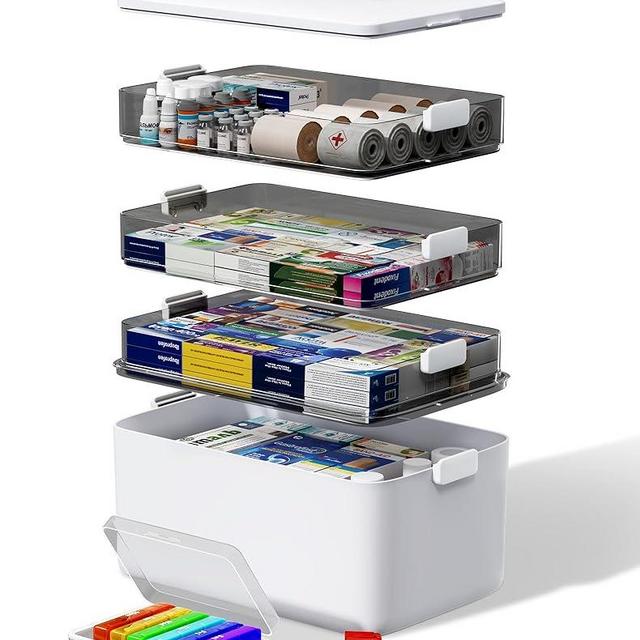 LEGUO 4-Tier Medicine Cabinet Organizer with Leather Handle, Empty Plastic First Aid Kit, Multipurpose Storage Box with A Portable Weekly Pill Organizer for Family Emergencies, Home