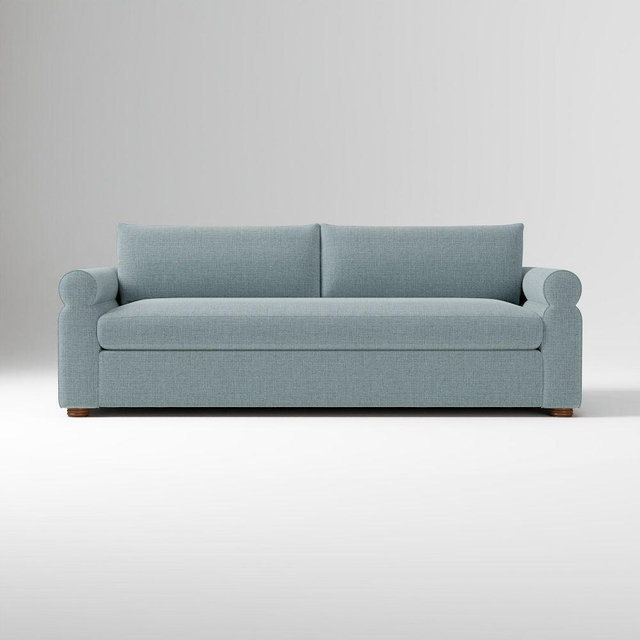 Pierce And Ward 92in Sofa Bench, Performance Chenille Crossweave Dusty Blue, Cool Walnut