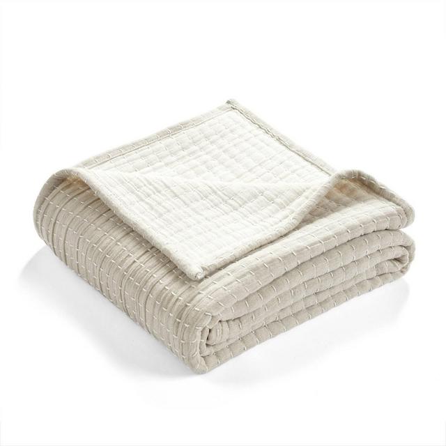 50"x60" Solid Kantha Pick Stitched Yarn Dyed Cotton Woven Throw Blanket Neutral - Lush Décor