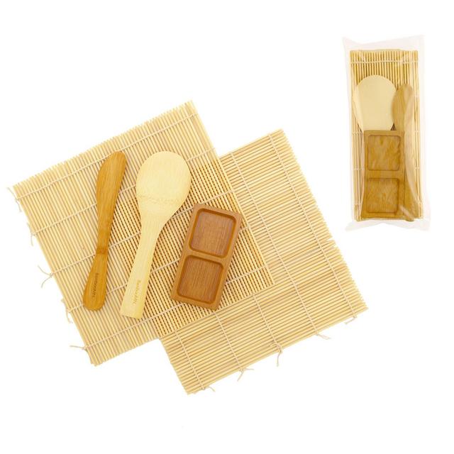 BambooMN Deluxe Sushi Making Kit 2x Natural Rolling Mats, 1x Rice Paddle, 1x Spreader, 1x Sauce Dish | 100% Bamboo Mats and Utensils