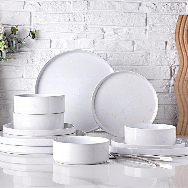 Dinnerware Set for 4, 12 Piece Speckled Plates and Bowls Set with Glazed Bottom, Chip & Scratch Resistant Stoneware Plates Set, Dishwasher & Microwave Safe Dishes Set (White, Service for 4)