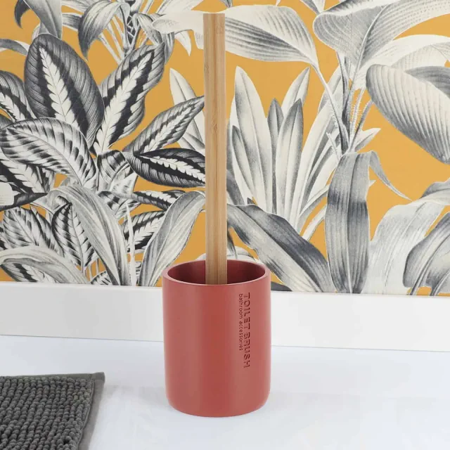 Evideco French Home Goods Terracotta Toilet Brush and Holder Set with Natural Bamboo handle - Durable, Elegant Bathroom Accessory for a Clean Home