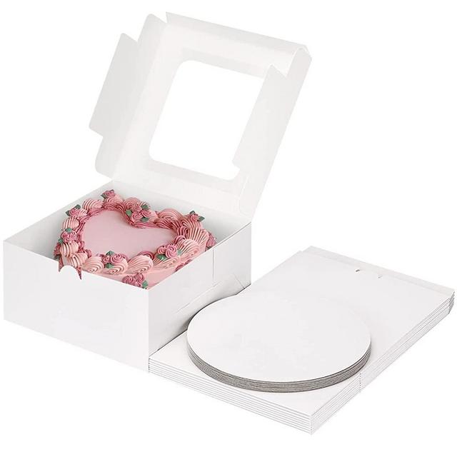Moretoes 10 Inch Cake Boxes Set (48pcs, 24pcs 10x10x5 Boxes & 24pcs Boards), White Paperboard Disposable Bakery Box with Window for Pastries, Cupcakes, Pie