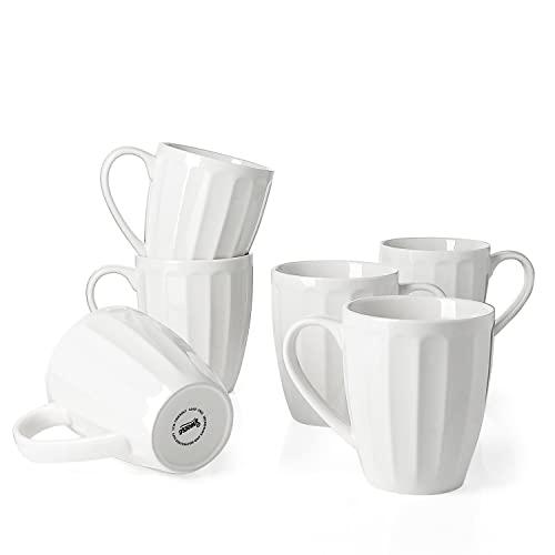 Sweese 602.001 Porcelain Fluted Mugs - 14 Ounce for Coffee, Tea, Cocoa, Set of 6, White