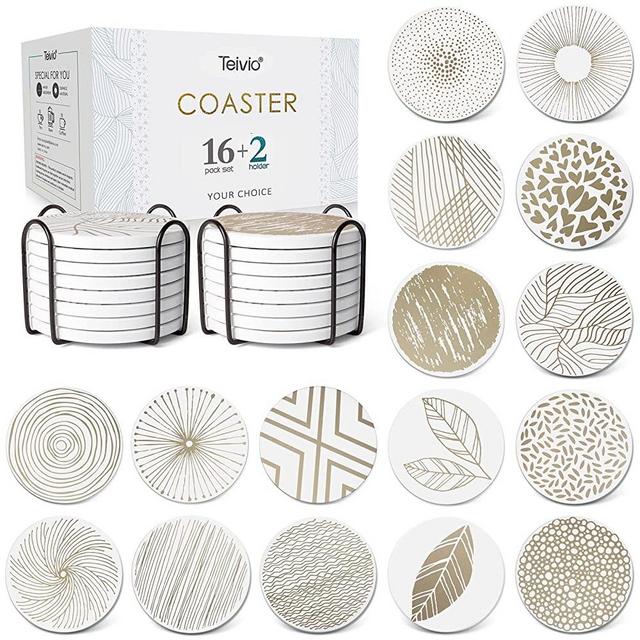 Absorbing Stone Coasters for Drinks Cork Base, with 2 Holder, for Housewarming, Apartment Kitchen Room Bar Decor, Suitable for Wooden Table, Set of 16 (Sand)
