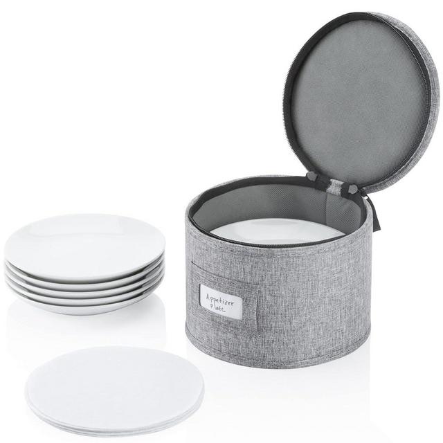China Storage Container for Saucer, Bowls, and Appetizer Plates - 7" W x 5.5" H - Includes 12 Felt Dividers - Stackable with Hard Shell and Interior Quilted Padding