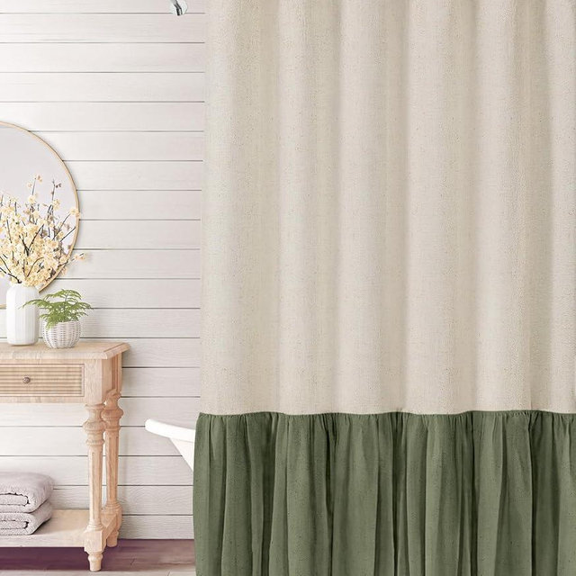 Awellife Ruffle Shower Curtain, Ruched Microfiber Vintage Handcrafted Bow Tie Bath Curtain for Master Bathroom, Green 72" W x 72" H