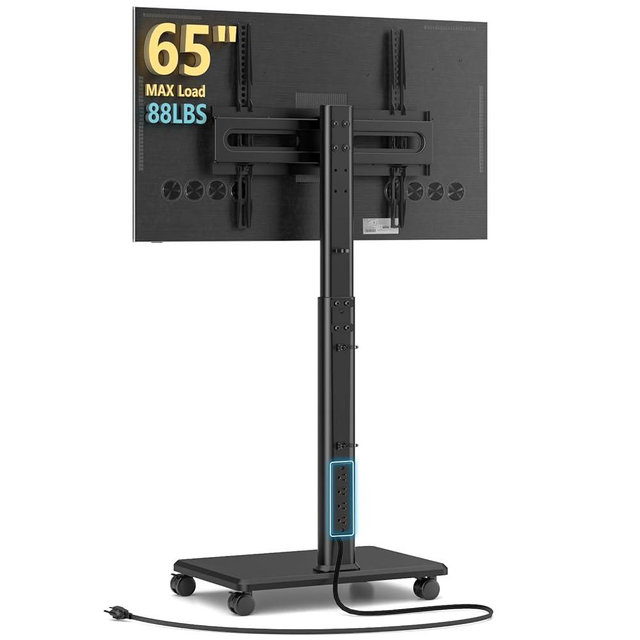 AX WABER Mobile TV Stand with Power Outlets, Floor Portable TV Stand with Wheels for 27-65Inch LCD LED OLED Flat/Curved Panel Screen TVs, Swivel,Height Adjustable&Wood Base, RollingTV Cart Black