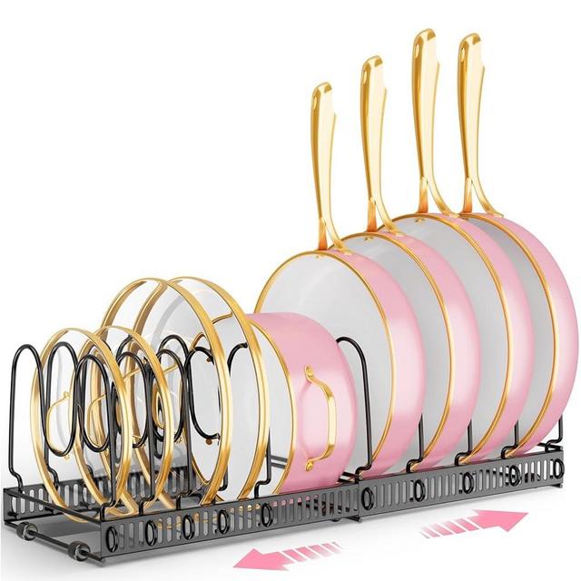 AKSONMN Pot and Pan Organizer Rack - 10 M-Shaped Dividers with 8 Anti-Slip Rubber Pads for Kitchen Countertop Cabinet Storage