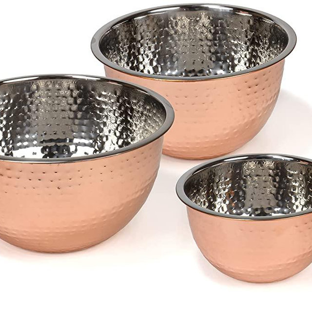 Red Co. Set of 3 Stainless Steel Nesting Mix and Serve Bowls, 5, 3, and 1.5 Qt. - Hammered Copper Finish