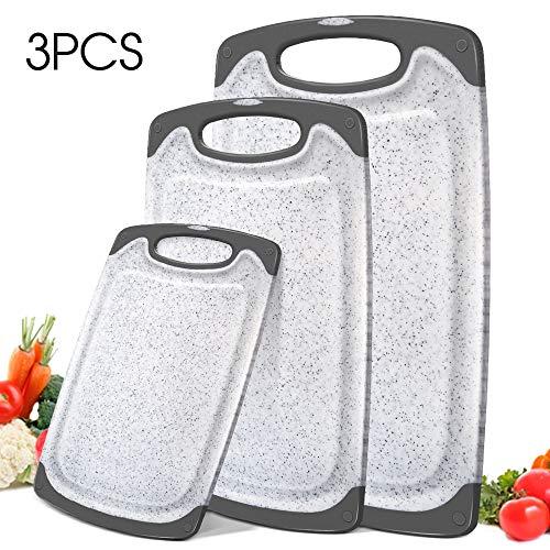 Mastertop 3Pcs Marble Pattern Premium Plastic White Kitchen Cutting Board Set BPA-Free with Juice Grooves Multiple Sizes Chopping Board